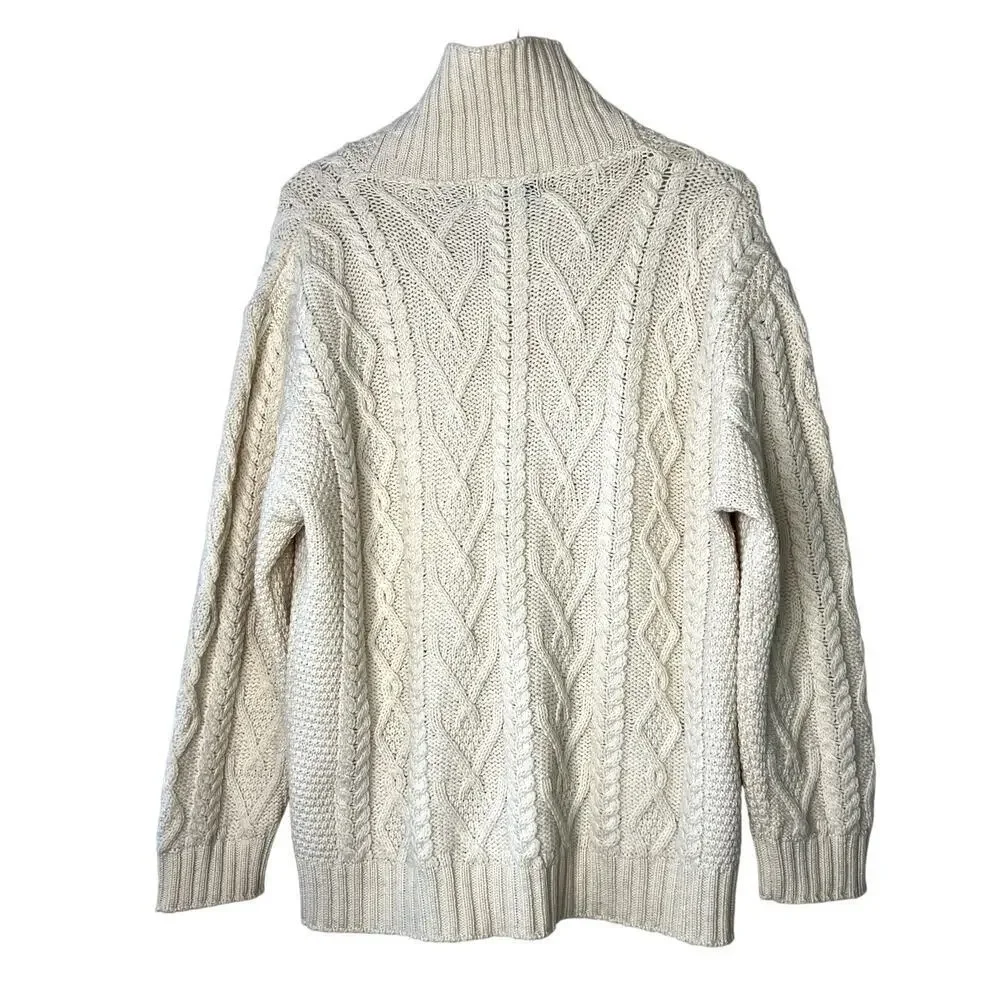Aran Crafts 100% Merino Wool Shawl Collar Cable Knit Pullover Sweater Cream XL
